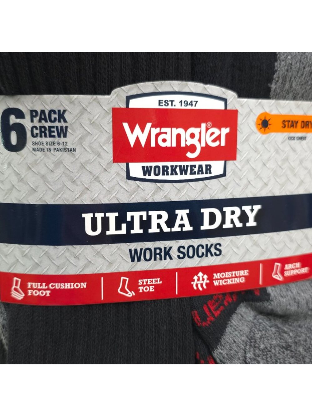 Wrangler Ultra Dry Work Socks 6-Pack Crew Arch Support Steel Toe Cushion Foot - Picture 4 of 9